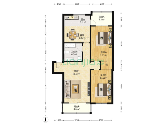 元隆小区 2室2厅1卫 120平方