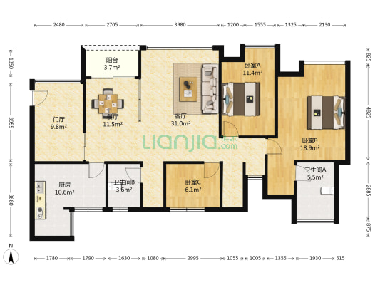 华府春城 3室2厅2卫 141平方