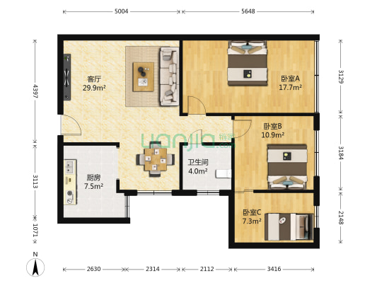 庆德大厦 3室1厅1卫 106平方