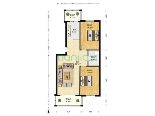 宜居家园B区 2室1厅1卫 93平方