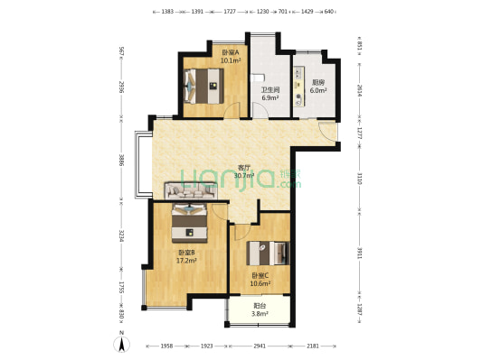 上城风景北苑 3室1厅1卫 103平方