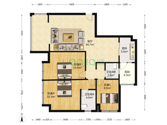 洛森堡 3室1厅2卫 117平方