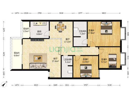 三和花园 3室2厅2卫 139平方