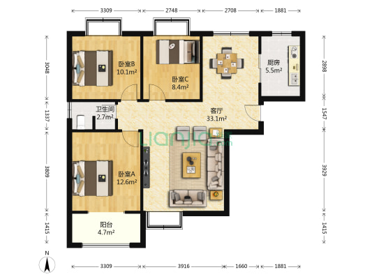 普鑫 · 上東郡 3室1厅1卫 107平方