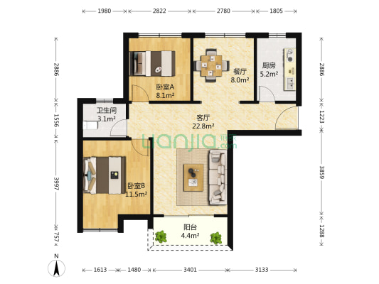 美景鸿城二期 2室2厅1卫 89平方