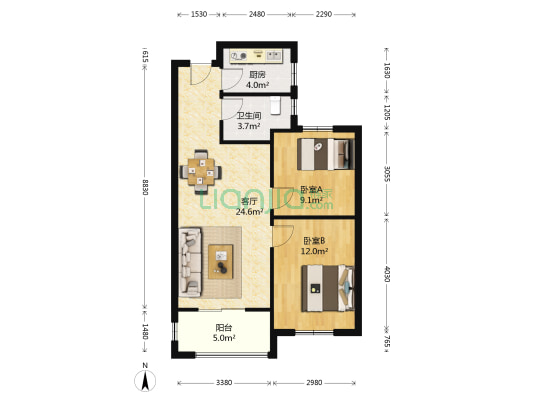 绿都紫荆华庭晴园 2室1厅1卫 74平方