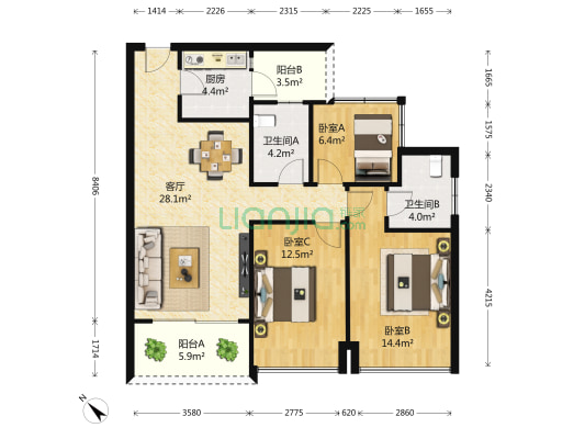 珠江国际城 3室1厅2卫 100平方