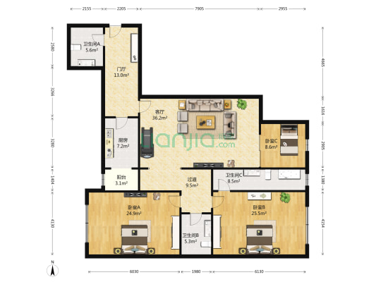 恒祥大厦 3室1厅3卫 199平方