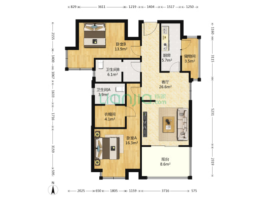 远雄兰苑 2室1厅2卫 121平方