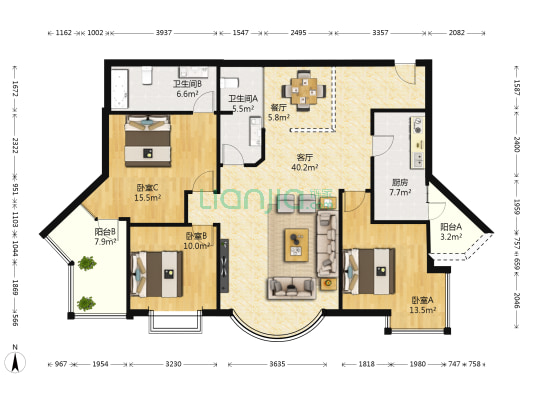 建银大厦 3室2厅2卫 133平方