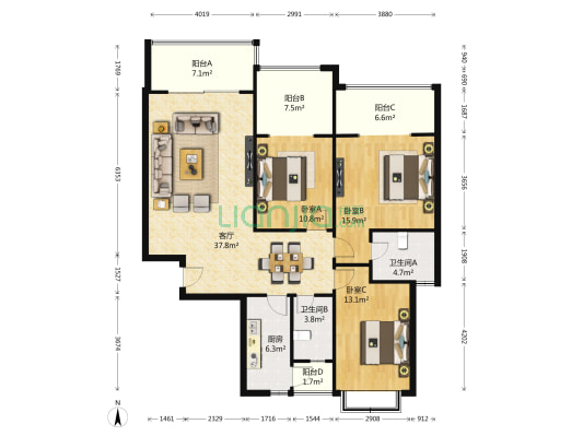 新都国际广场一期 3室1厅2卫 125平方