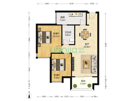 金科东方雅郡 2室1厅1卫 87平方