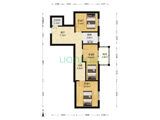老墙根129号院 3室1厅1卫 62平方