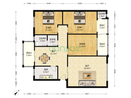 百花苑(莲花南路) 2室2厅3卫 132平方