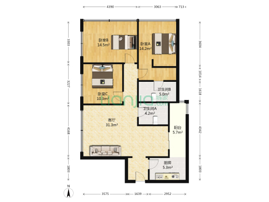 巴黎都市二期 3室1厅2卫 91平方