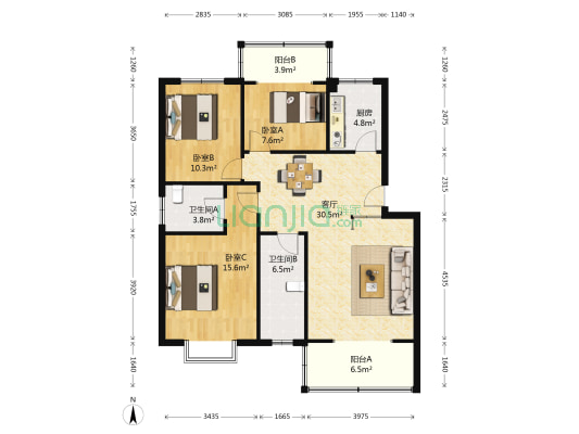 绿荫家园 3室1厅2卫 104平方
