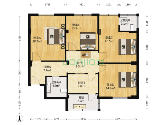 华元大厦 4室1厅2卫 134平方