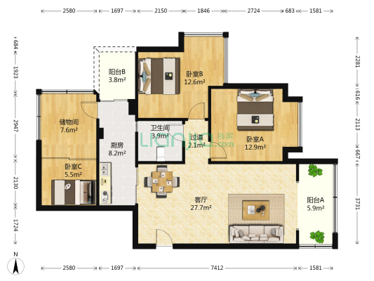 双楠尚品广场 3室1厅1卫 88平方