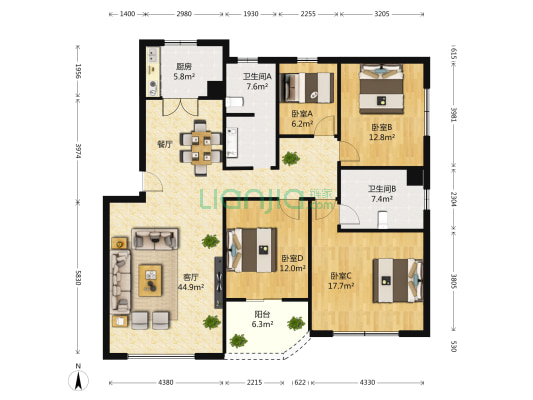 江东花园二期 4室1厅2卫 141平方