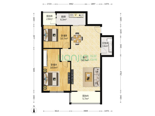 天天朝阳 2室1厅1卫 121平方