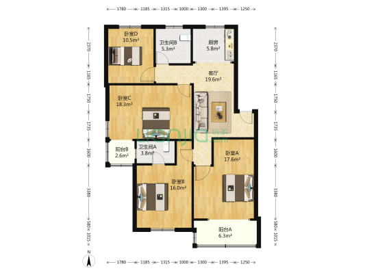 三宏公寓 4室1厅2卫 117平方