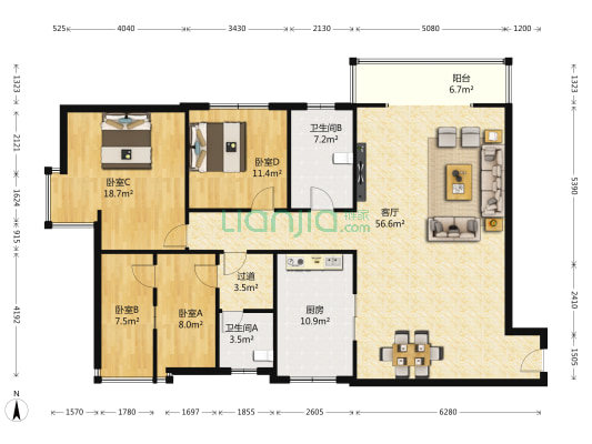 东城花园 4室1厅2卫 177平方