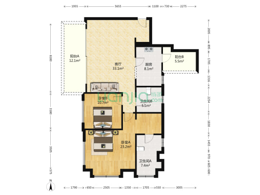 麓岭汇 2室1厅2卫 125平方