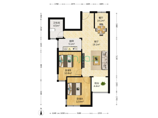 万通城 2室2厅1卫 88平方