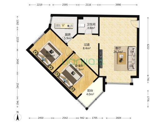 联合公寓 2室1厅1卫 86平方