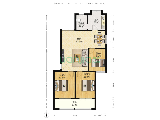 湖工家园 3室1厅1卫 95平方