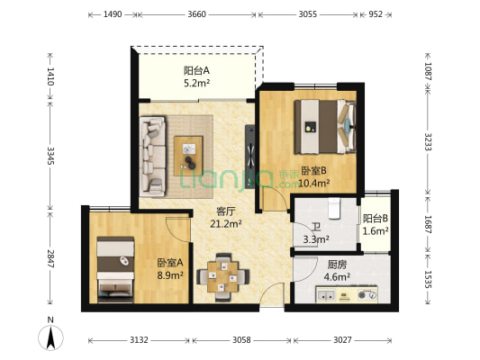 中冶幸福居 2室1厅1卫 73平方