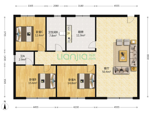 骑鞍街桃花源小区 3室1厅2卫 128平方