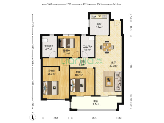 高运高庄 3室1厅2卫 87平方