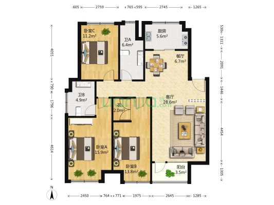 万科蓝山E区 3室2厅2卫 138平方