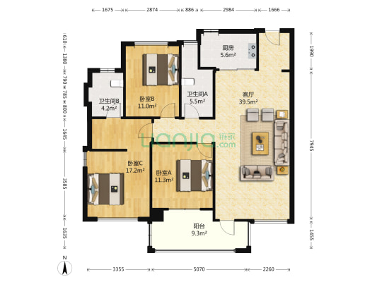 复地东湖国际五六期 3室1厅2卫 134平方