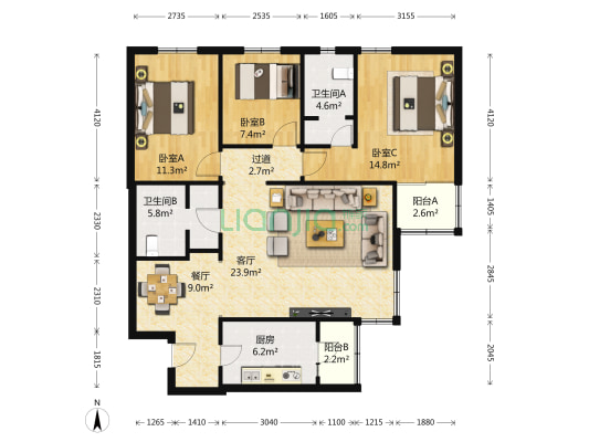 北潞华家园 3室2厅2卫 120平方