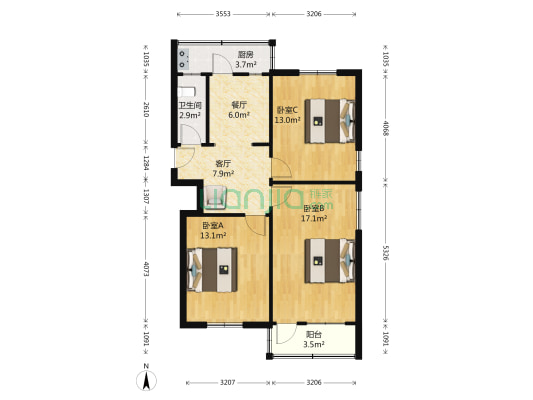 花园路98号 3室2厅1卫 80平方
