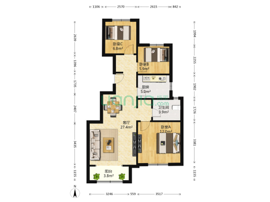 臻园 3室1厅1卫 92平方