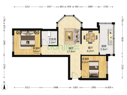 倚园里小区 2室2厅1卫 65平方
