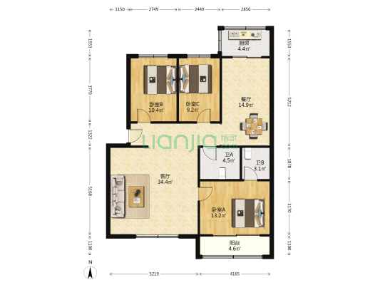 新华社区 3室2厅2卫 120平方