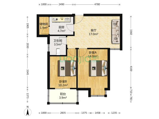 嘉裕花园(姑苏区) 2室1厅1卫 76平方