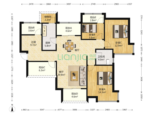 雅居乐国际花园西苑 3室1厅1卫 135平方