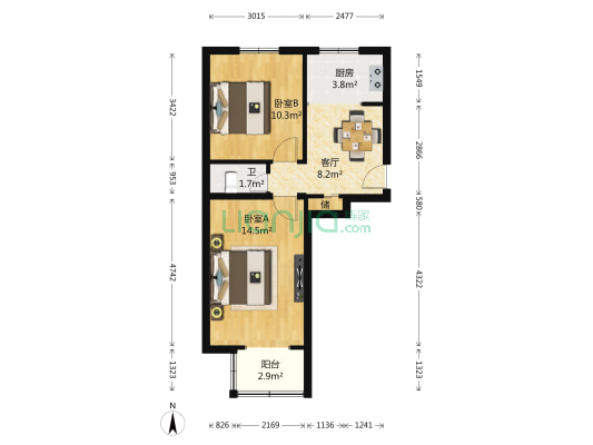 前屯路57号院 2室1厅1卫 54平方