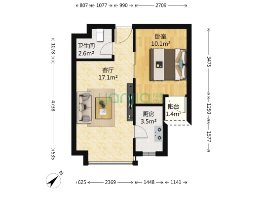 蓝光花好月圆 1室1厅1卫 51平方