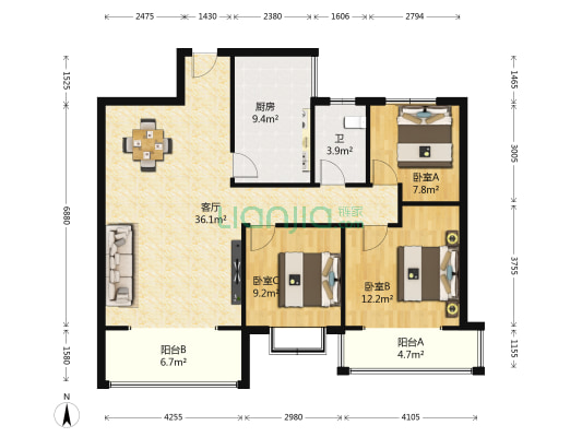 蓝桥翠锦 3室1厅1卫 109平方