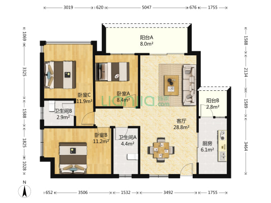 普君新城华府一期 3室1厅2卫 103平方