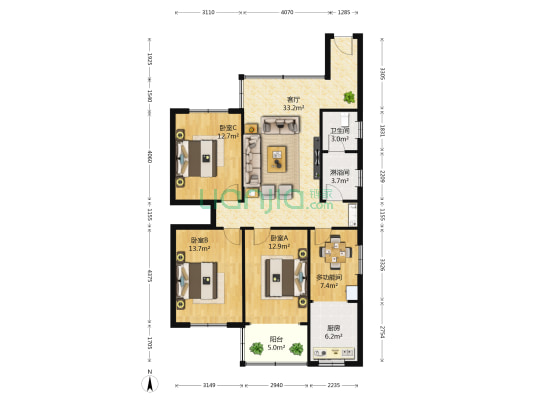百卉路4号 4室1厅2卫 97平方