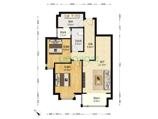 和谐家园 2室1厅1卫 87平方