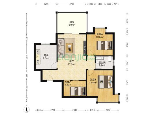 天然居一期 3室1厅1卫 96平方