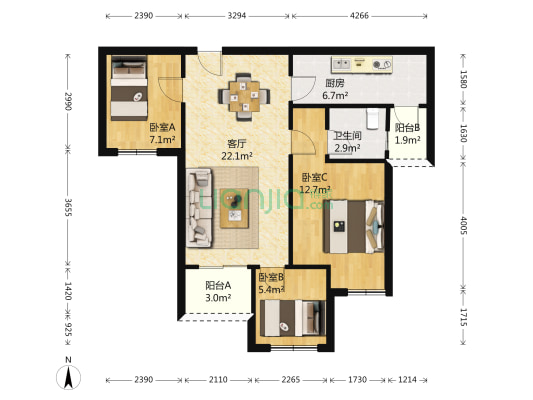鲁能泰山7号十八街区 3室1厅1卫 73平方